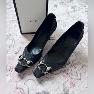 Vintage Gucci Black GG Canvas And Leather Horsebit Heels
